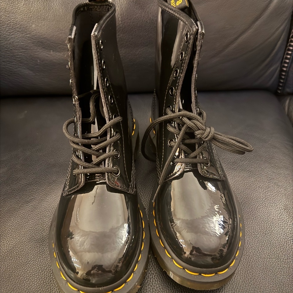 Women’s 7 Dr. Martens Black Patent Leather Boots with Yellow Stitching